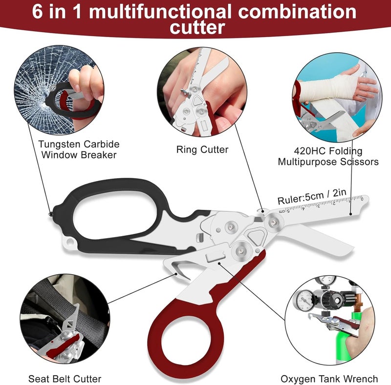 Lemasa 6 in 1 Multifunctional Combination Tool, Folding Retractable Emergency Shears, Outdoor Camping Tools, Seat Belt Cutter, Oxygen Cylinder Wrench, Complimentary Adjustable Wrench (dark red) - Image 3